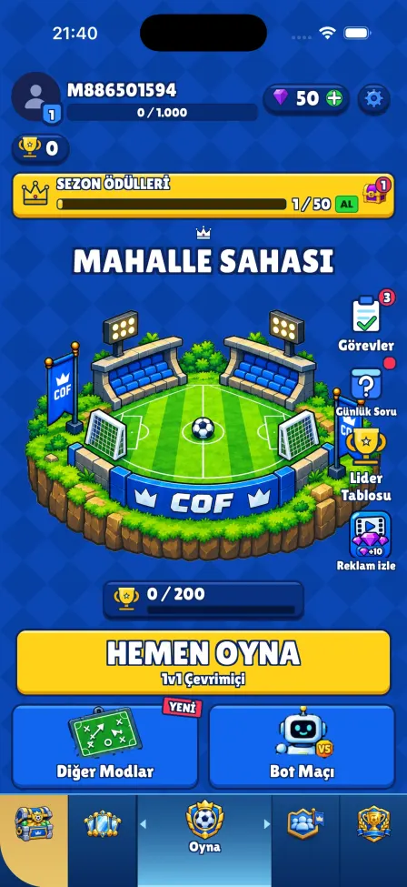 Güncel oyunun ana ekranı ve Mahalle Sahası